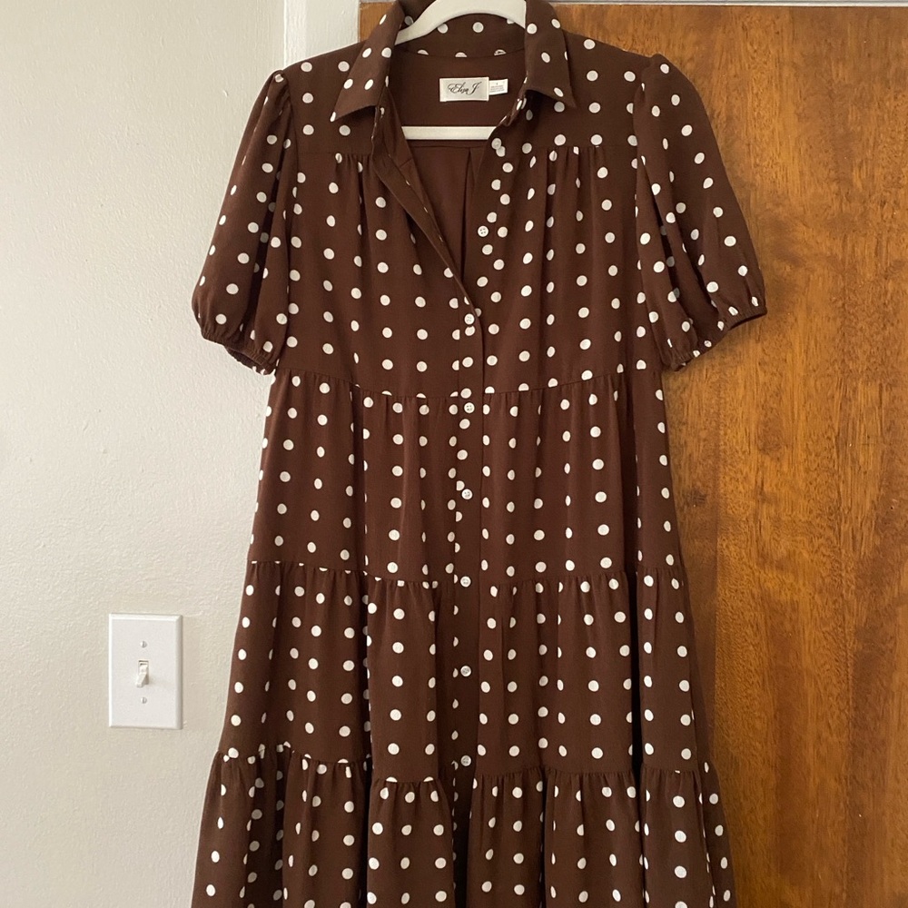 Eliza J Brown and White Puff Sleeve Midi Sundress